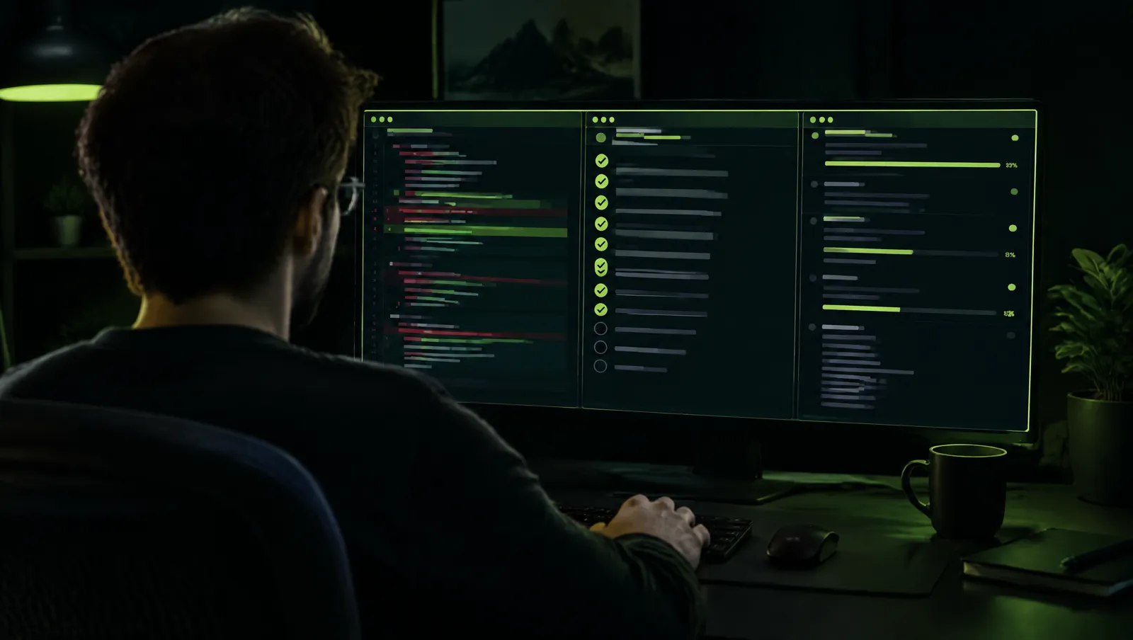 Desarrollador frente a un monitor con tres terminales donde agentes de IA escriben código en paralelo