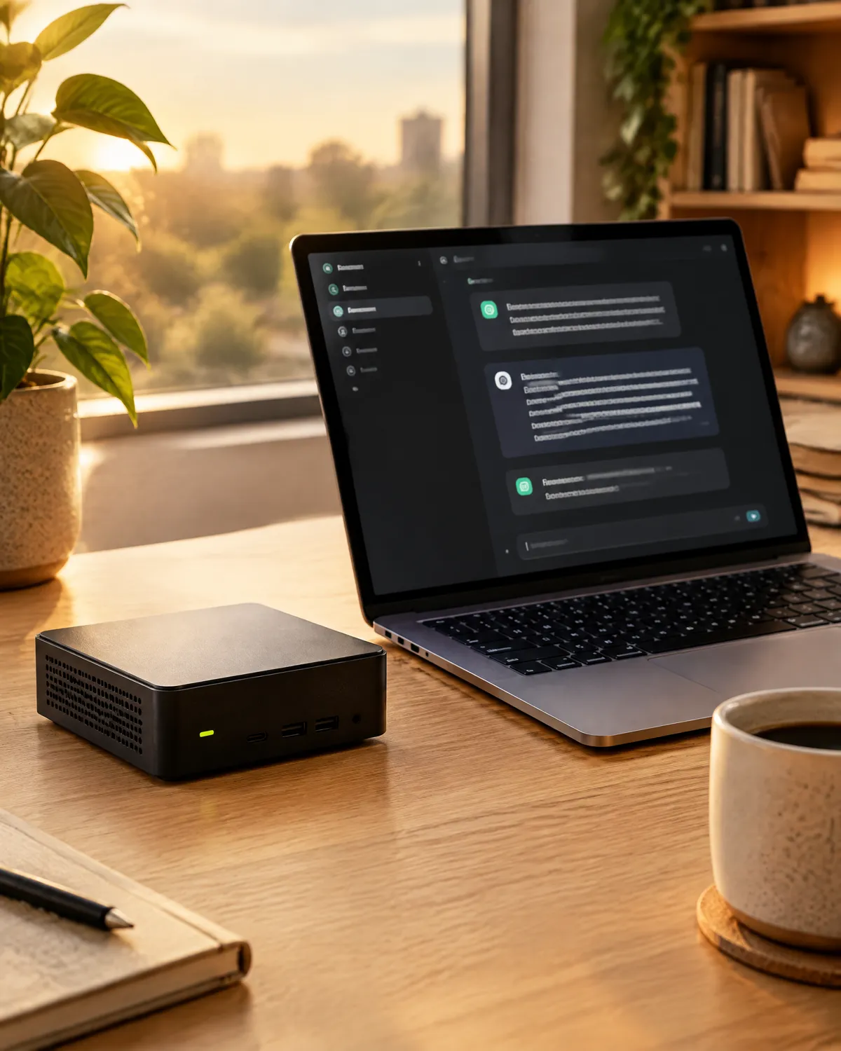 Mini PC negra con un LED lime junto a una laptop que muestra un chat de IA local, sobre un escritorio de madera