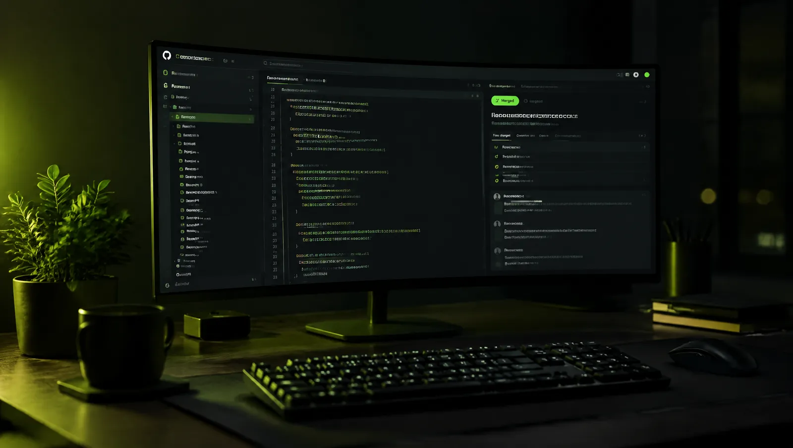 Ultrawide monitor with a GitHub repo page in dark theme, with a merged pull request