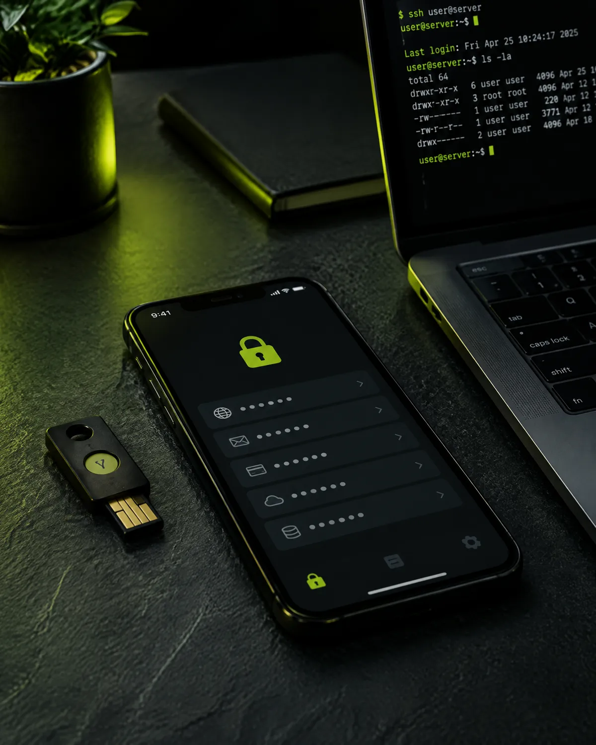 Llave de seguridad física y un celular con gestor de contraseñas junto a una laptop con la terminal abierta